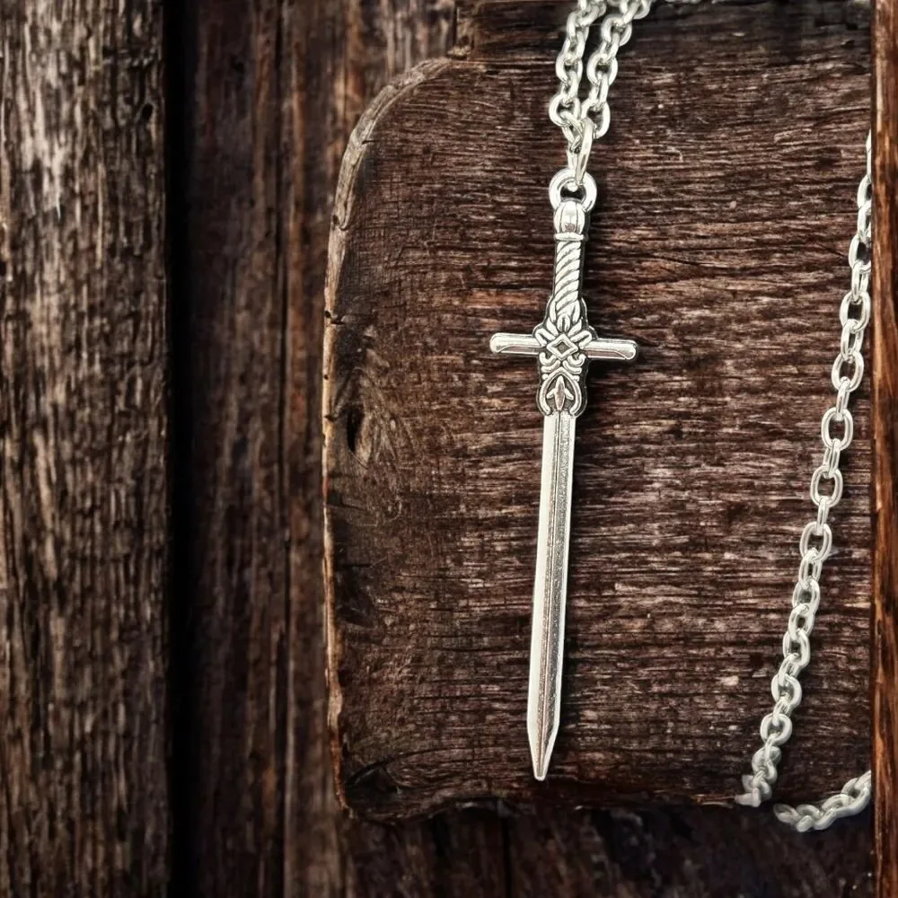Gothic Sword Cross Pendant Necklace Medieval Dagger Silver Chain 18